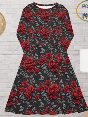 red rose midi dress floral long sleeve pockets