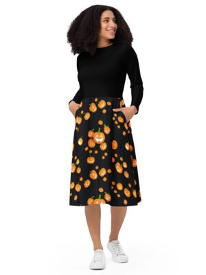 halloween midi dress pumpkin print pockets
