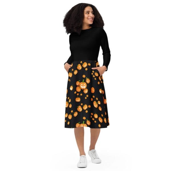 Jack-O’-Lantern Midi Dress (with Pockets!) by Petals, Halloween-inspired long sleeve dress featuring a festive pumpkin print