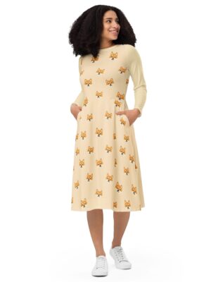 shiba inu midi dress pixel art long sleeve