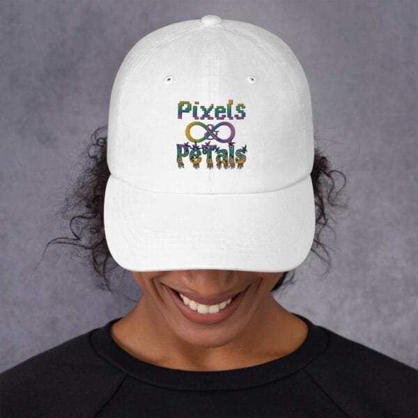 Pixels and Petals Logo Baseball Cap – Classic white cap with the brand's logo for a casual look