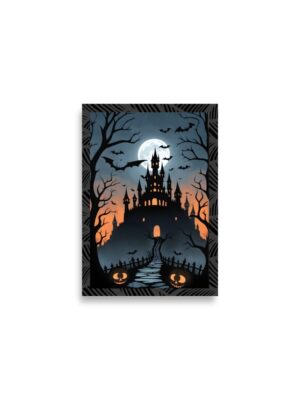 Halloween castle poster with gothic haunted castle, flying bats, and glowing jack-o'-lanterns under a full moon