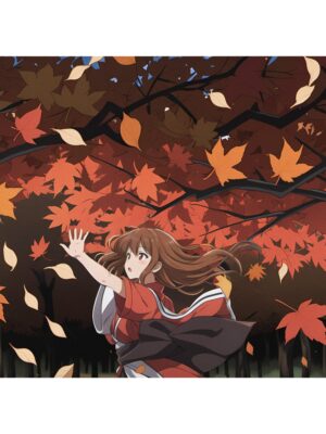 Autumn-chan fall themed gaming mouse pad with anime character amid swirling autumn leaves on a dark background