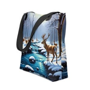 Serene Winter Morning: Deer by the Brook Tote bag