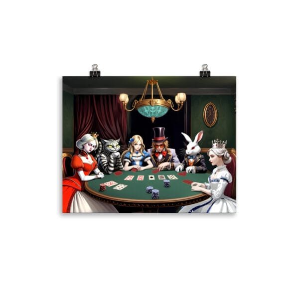Poker Night in Wonderland Poster - Unique art print featuring whimsical design by Pixels and Petals, perfect for game lovers and collectors