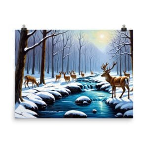 Serene Winter Morning: Deer by the Brook Poster