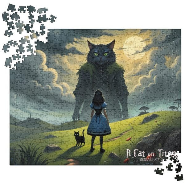 A Cat on Titan Jigsaw Puzzle - 520 pieces from Pixels and Petals featuring an adorable cat-themed design inspired by Attack on Titan, perfect for puzzle enthusiasts