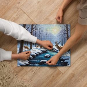 Serene Winter Morning: Deer by the Brook Jigsaw puzzle