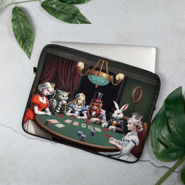 Poker Night in Wonderland Laptop Sleeve by Pixels and Petals - 15-inch protective case featuring whimsical poker-themed artwork, perfect for stylish tech protection