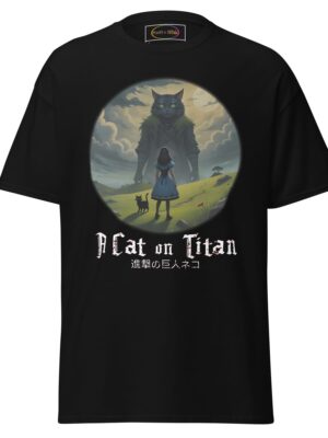 Attack on Titan cat t-shirt with giant feline titan anime parody design on a black unisex tee