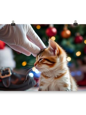Christmas cat poster with Santa's little helper kitten amid festive holiday decorations