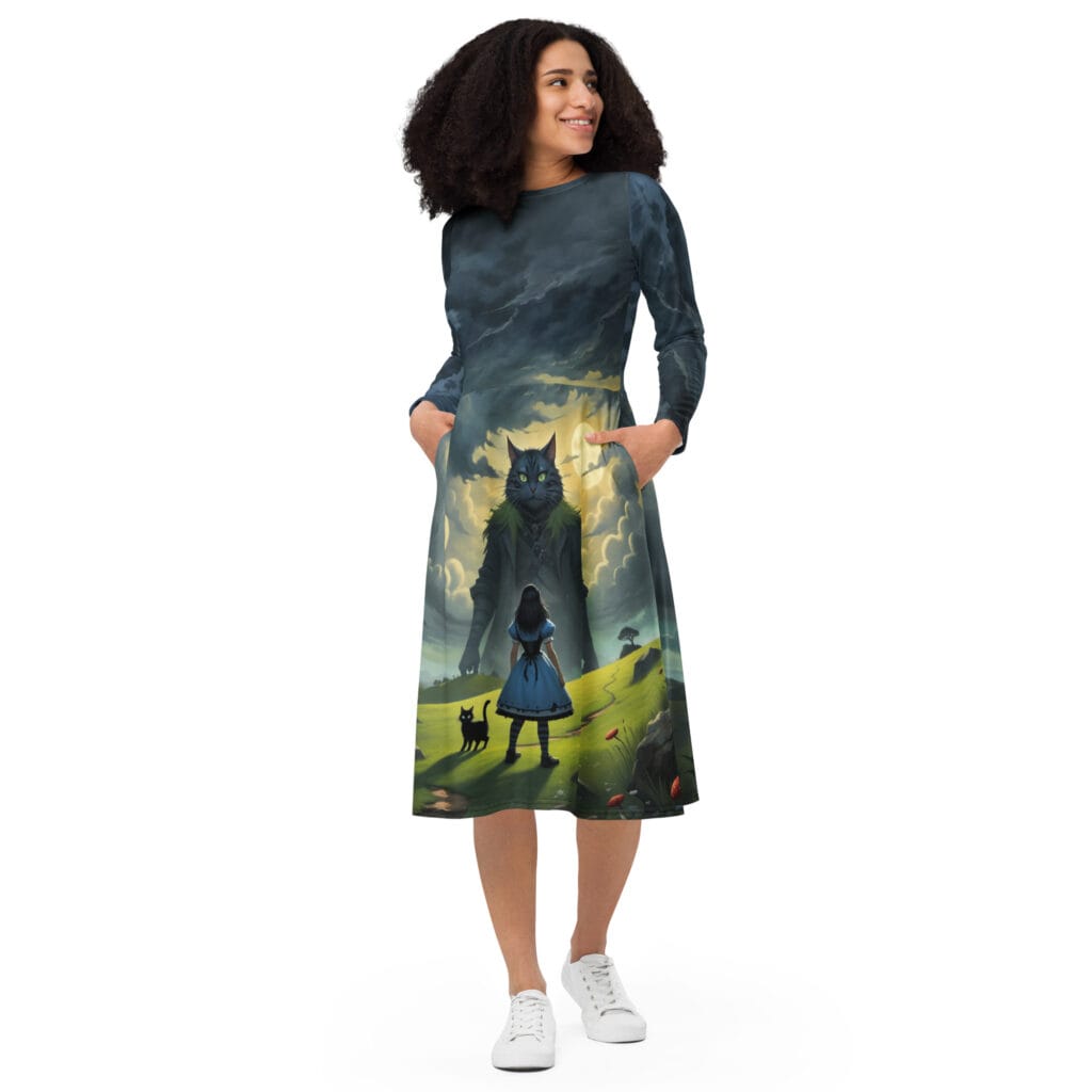 gothic alice in wonderland midi dress cat on titan pockets