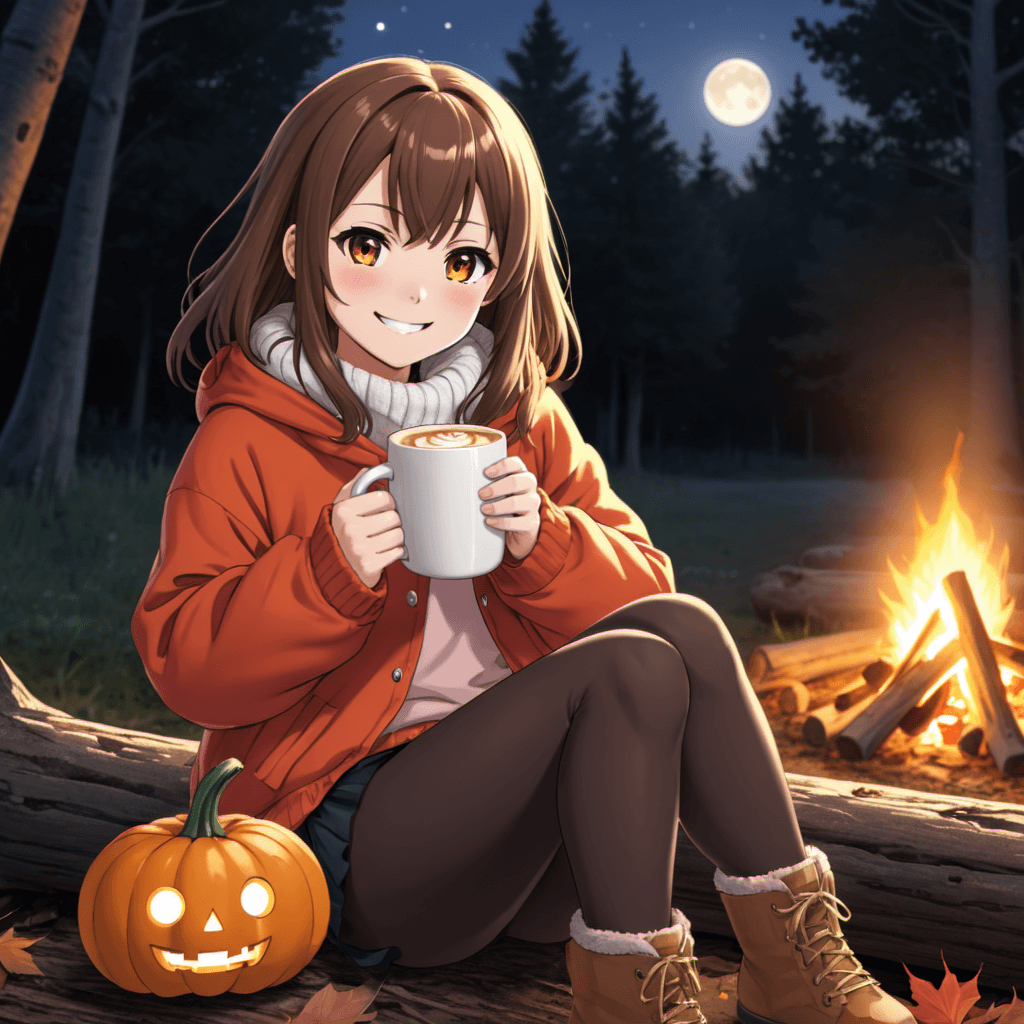 Autumn-chan by a campfire