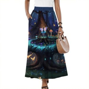 Fantasy midi skirt with enchanted forest mushrooms and glowing bioluminescent twilight design