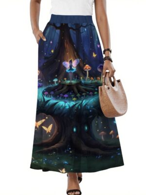 Fantasy midi skirt with enchanted forest mushrooms and glowing bioluminescent twilight design