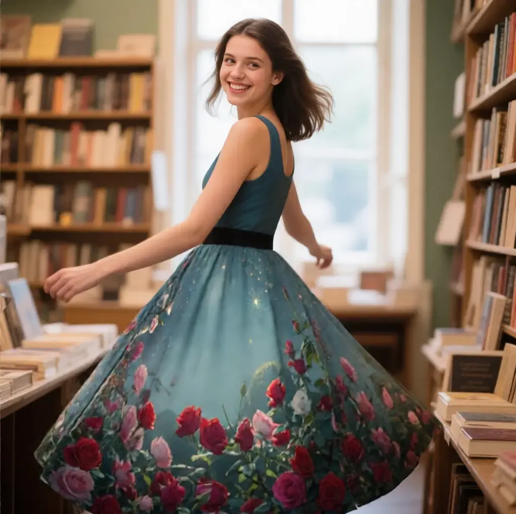 Woman wearing fantasy fashion dress with original artwork