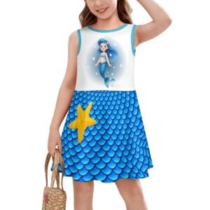 Blue Mermaid Scale Dress for Girls - Ocean Fantasy Dress with Starfish Accent