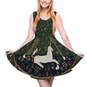 Unicorn tapestry skater dress with majestic white unicorn and golden wildflowers on forest green