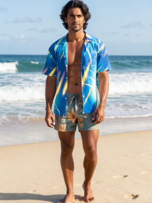abstract print hawaiian shirt light beam teal gold