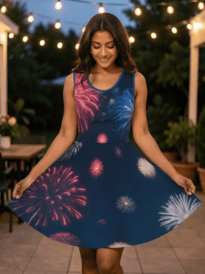 fireworks print skater dress 4th of july midnight sky red white blue