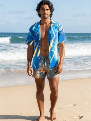 abstract print hawaiian shirt light beam teal gold