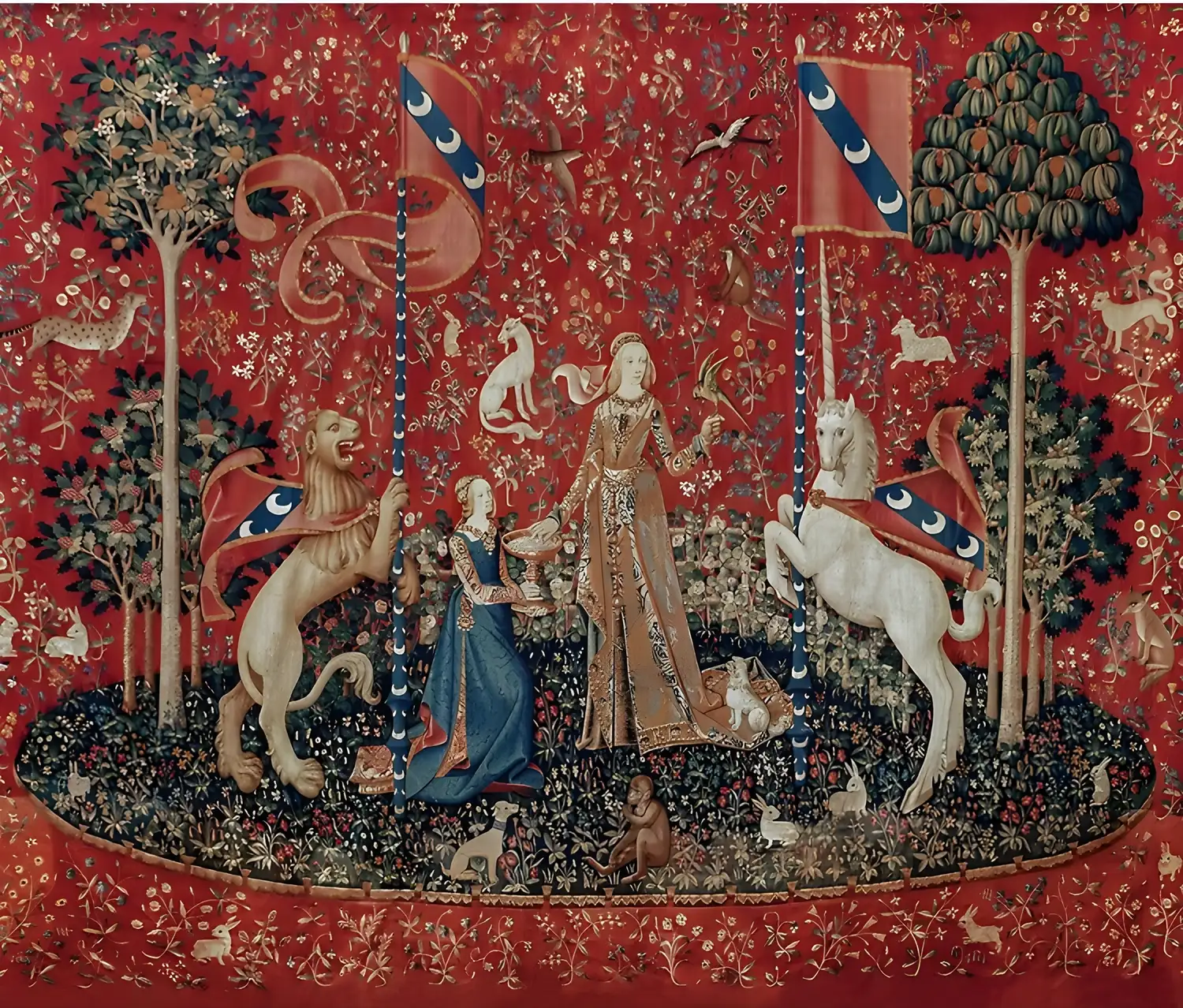 Lady and the Unicorn artwork: the lady with lion and unicorn bearing crescent pennants on a red millefleur ground, after La Dame a la licorne