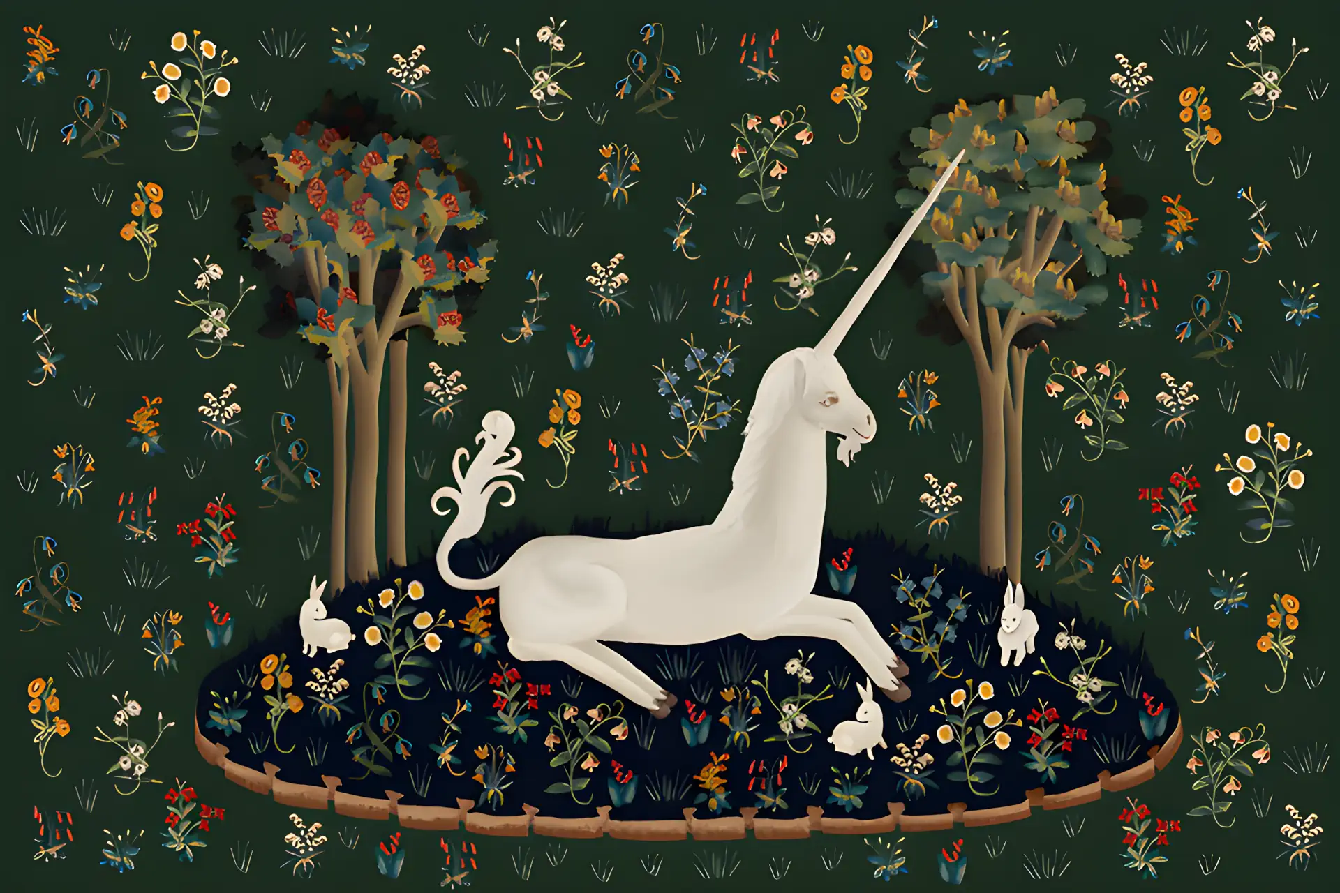 Unicorn Tapestry artwork: a unicorn resting unchained in a millefleur garden, adapted from The Unicorn Rests in a Garden