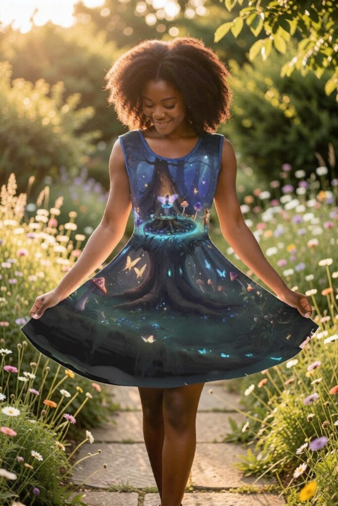 Fairy skater dress with glowing mushroom print, twirling in a wildflower garden