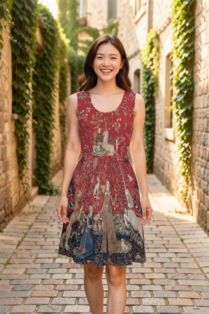 Lady and the Unicorn medieval tapestry print skater dress, front view