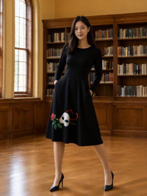 Phantom of the Opera dress worn by a model in a library, front view with a hand in the pocket