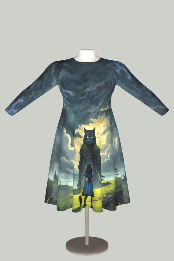 Gothic Alice in Wonderland Midi Dress – A Cat on Titan Long Sleeve Dress with Pockets in 3D
