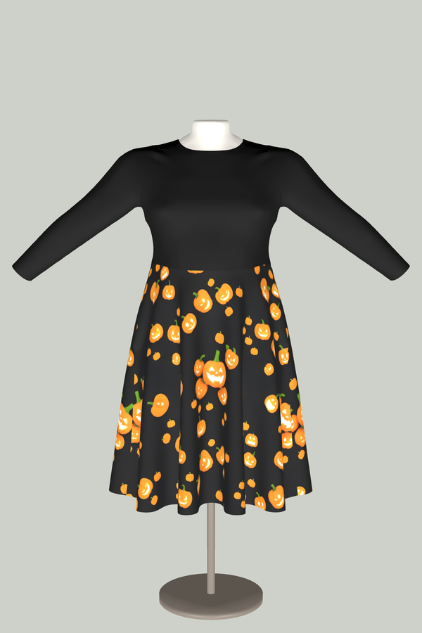 Halloween Midi Dress – Jack-O’-Lantern Women’s Dress with Pockets in 3D
