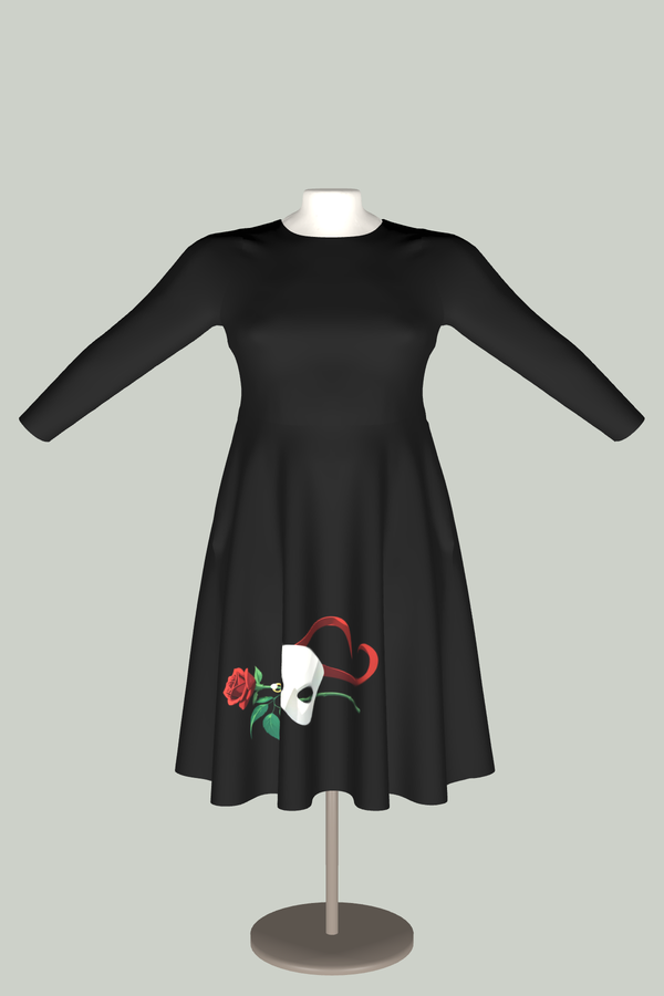 Phantom of the Opera Dress – Mask & Rose Long Sleeve Midi with Pockets in 3D