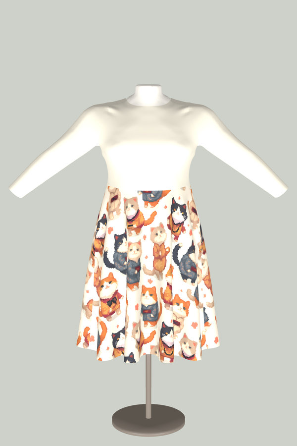 Kawaii Cat Dress – Pixel Cats in Kimonos Long Sleeve Midi Dress with Pockets in 3D