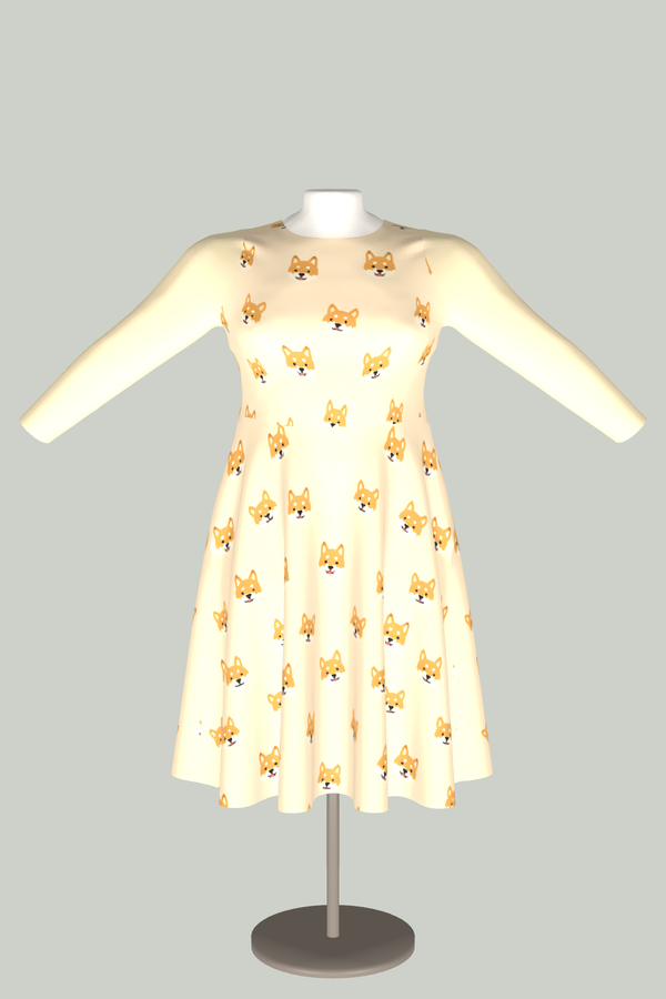 Shiba Inu Dress – Pixel Doge Long Sleeve Midi Dress with Pockets in 3D