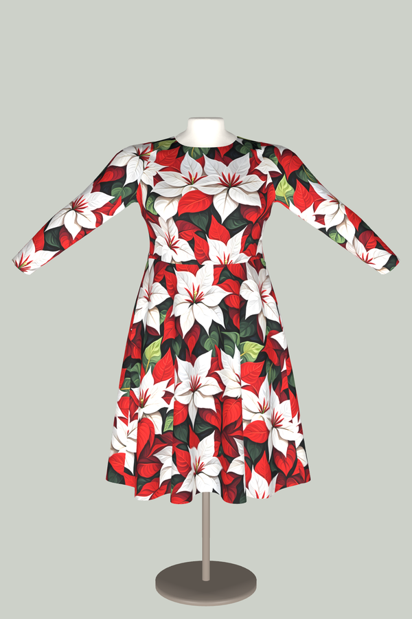 Christmas Midi Dress – Poinsettia Long Sleeve Holiday Dress with Pockets in 3D
