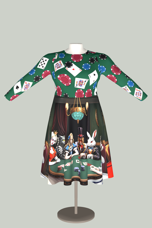 Alice in Wonderland Midi Dress – Poker Night Long Sleeve Dress with Pockets in 3D