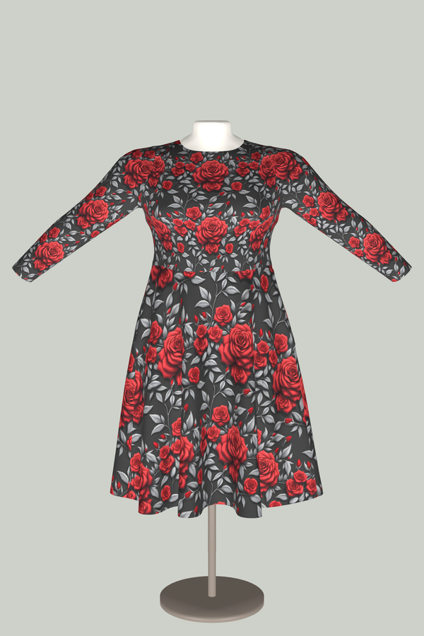 Red Rose Midi Dress – Long Sleeve Floral Dress with Pockets in 3D