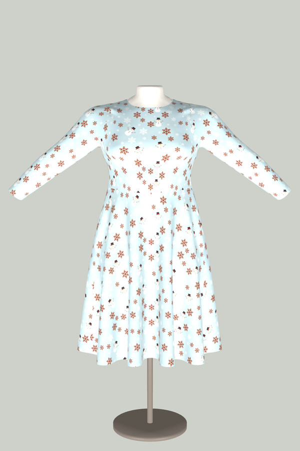 Winter Midi Dress – Snowflakes and Snowmen Long Sleeve Dress with Pockets in 3D