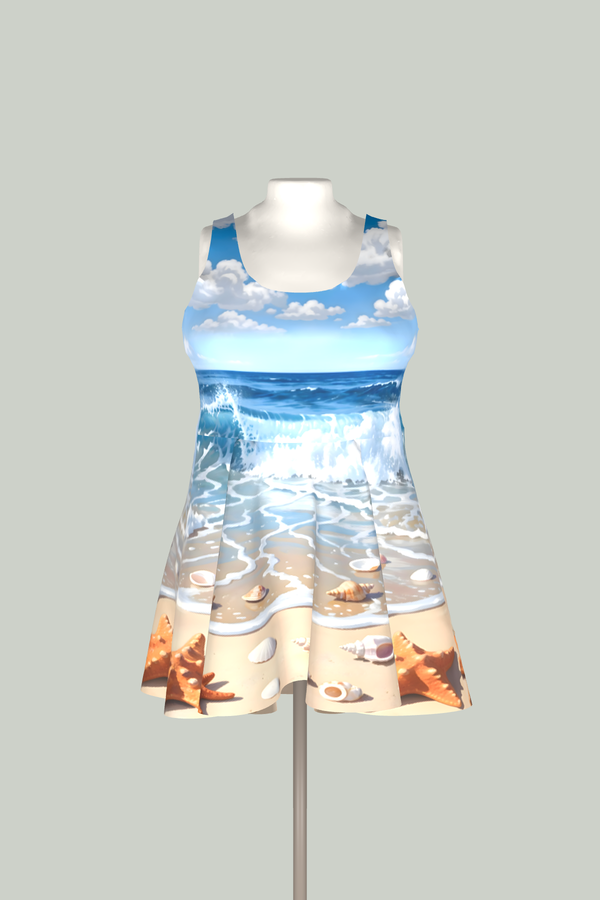 Tropical Beach Skater Dress – Illustrated Coastal Scene Print in 3D